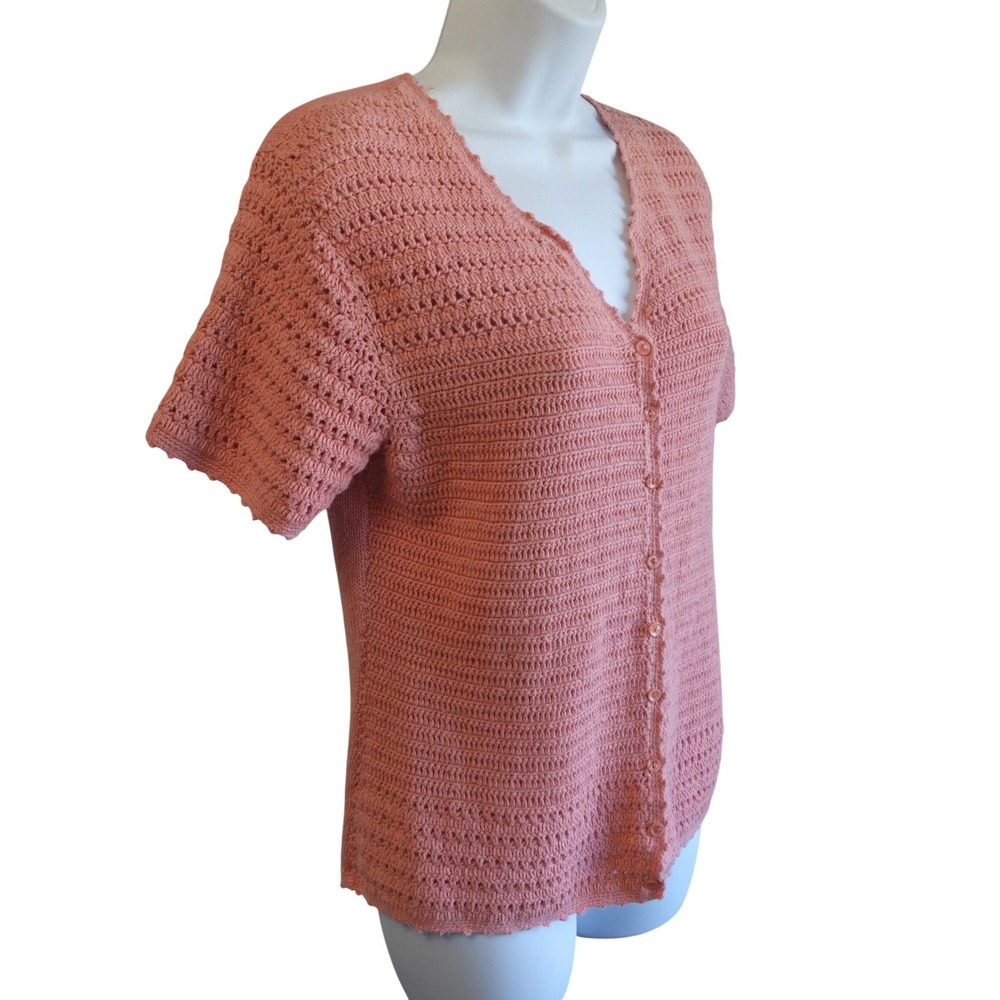 Vintage Crochet Knit Cardigan Coral Peach Medium Granny Cottage Ramie Pastel Top - Picture 2 of 9
